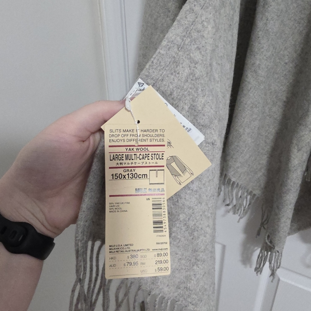 NWT but damaged MUJI Gray Yak Wool Warm Multi-CAPE Stole Scarf Shawl Poncho - Picture 2 of 5